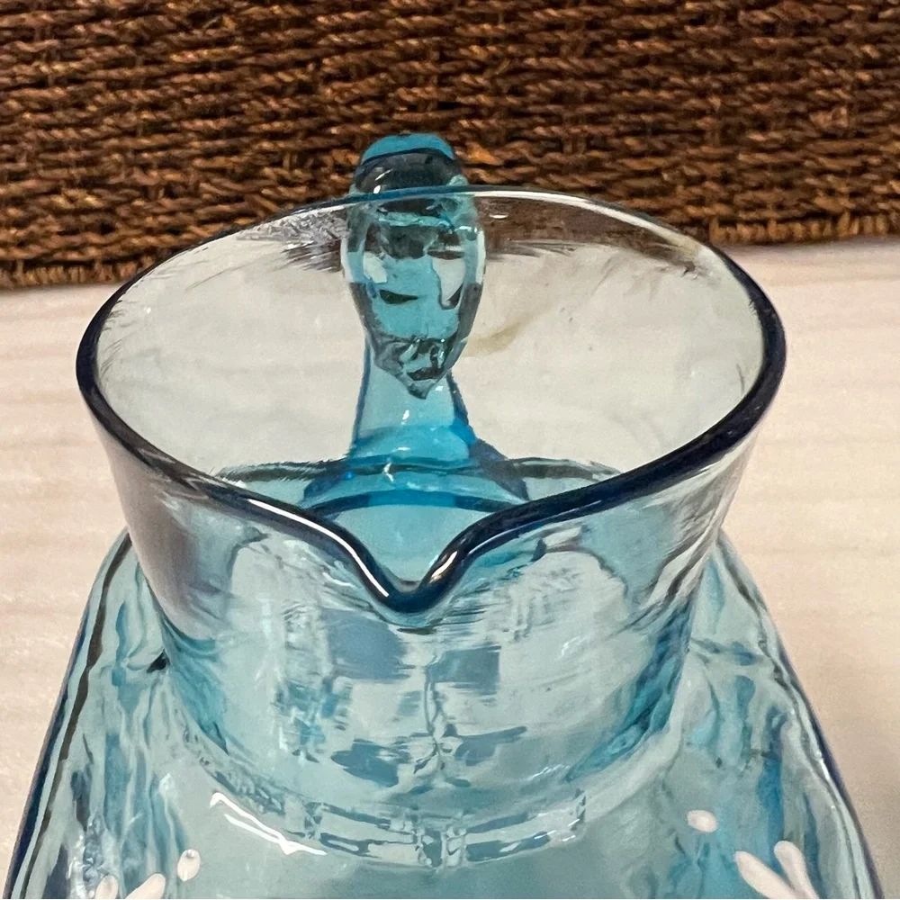 Vintage Victorian Blue Art Glass Enameled Hand-Painted Pitcher